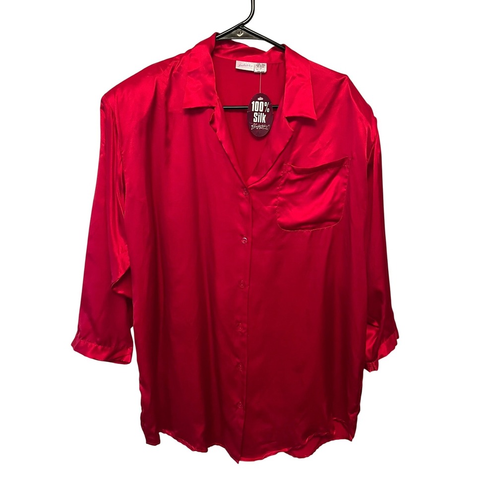 VTG 90s NEW Frederick's of Hollywood Red 100%‎ Silk Pajama Shirt Top Button Down